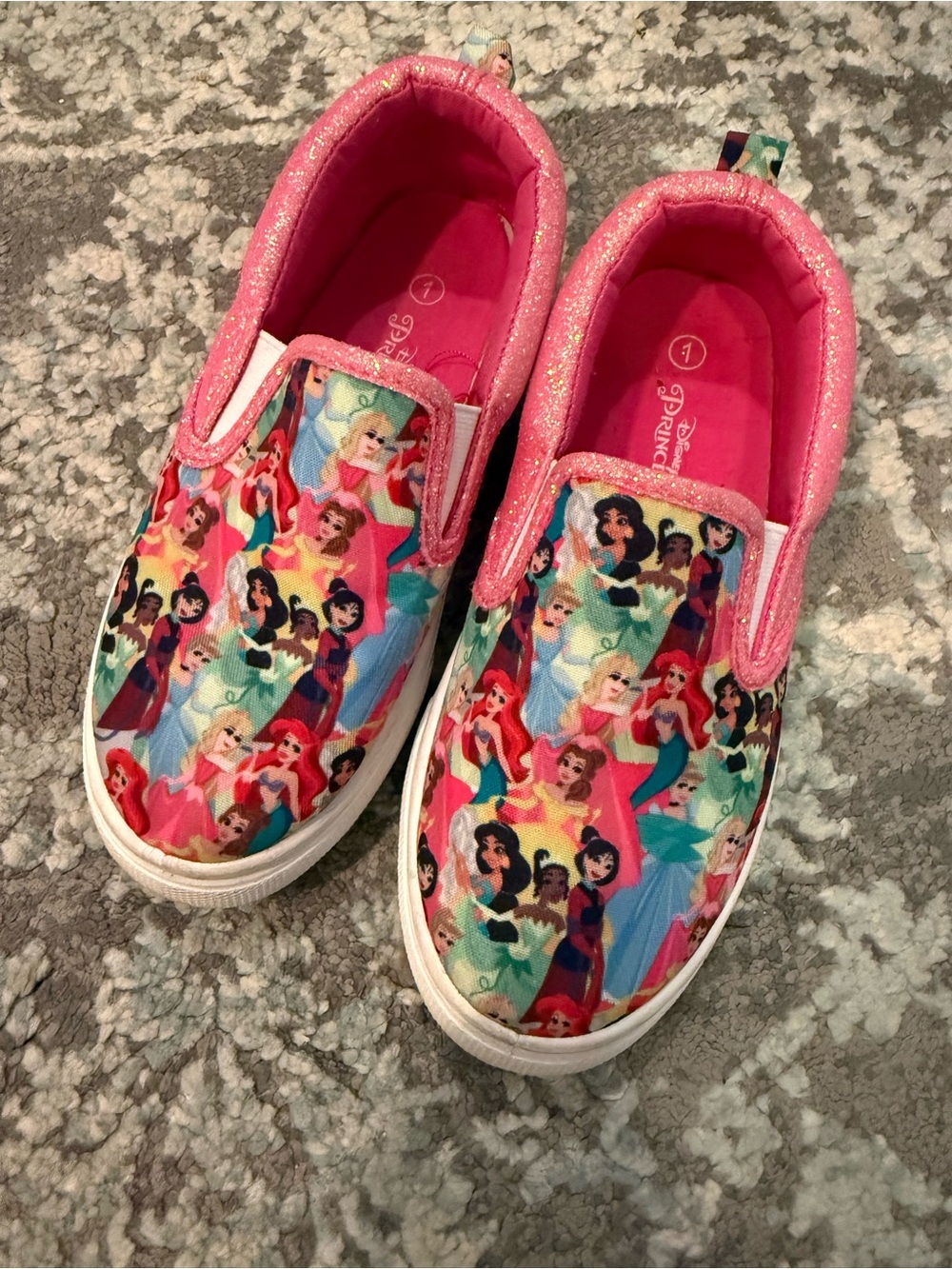 Disney Princess Multicolor Slip-On Sneakers with Pink Trim Size 1